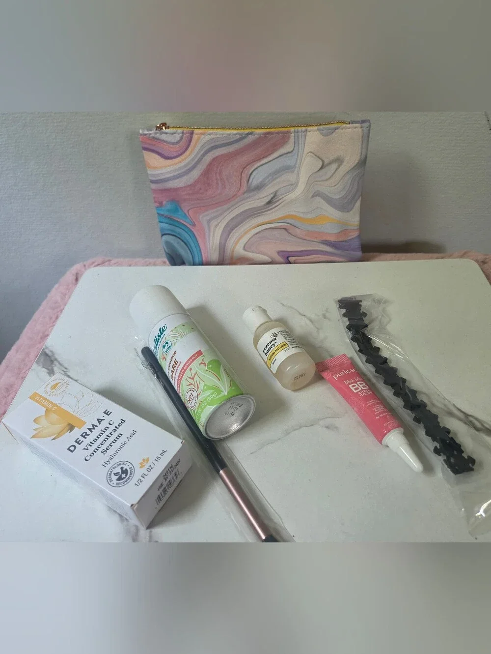 Ipsy Marble Swirl Cosmetic Pouch - Pastel With Cosmetic Accessories